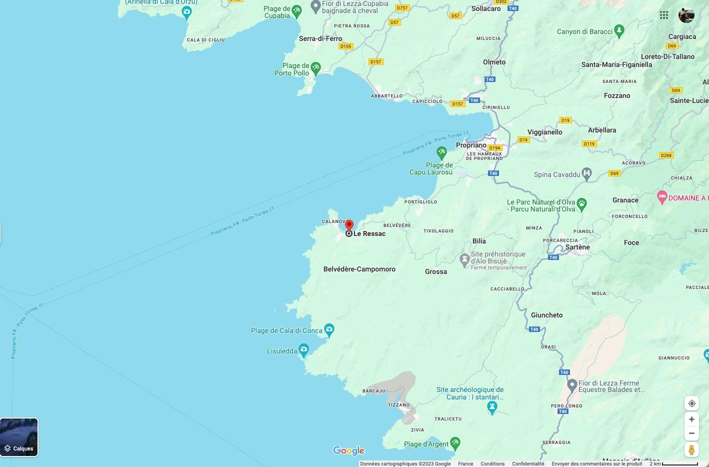 La localisation de l'hôtel le Ressac à Campomoro